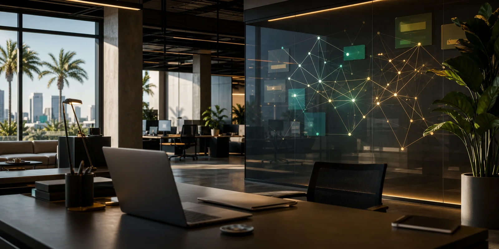 Modern software headquarters with product network visualization